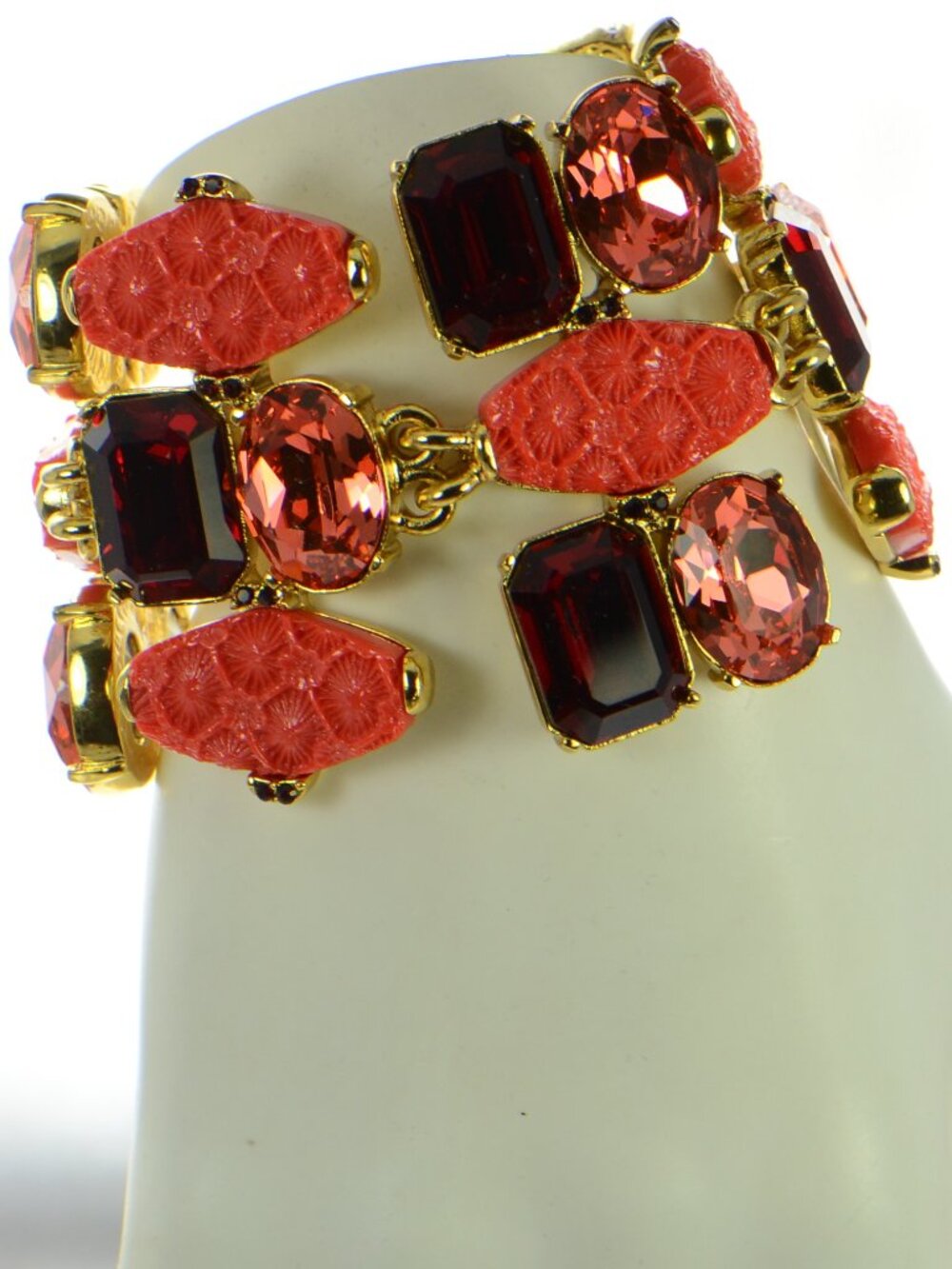 Vintage Oscar De La Renta Carved Resin & Crystal Toggle Bracelet
